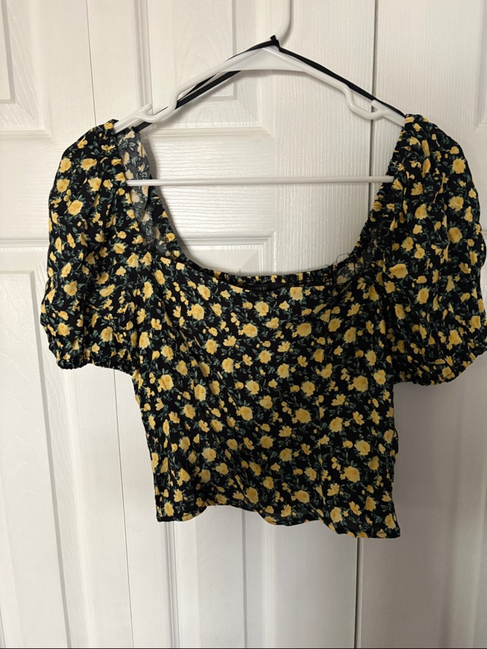 Forever 21 Black Crop Top with Yellow Floral Print